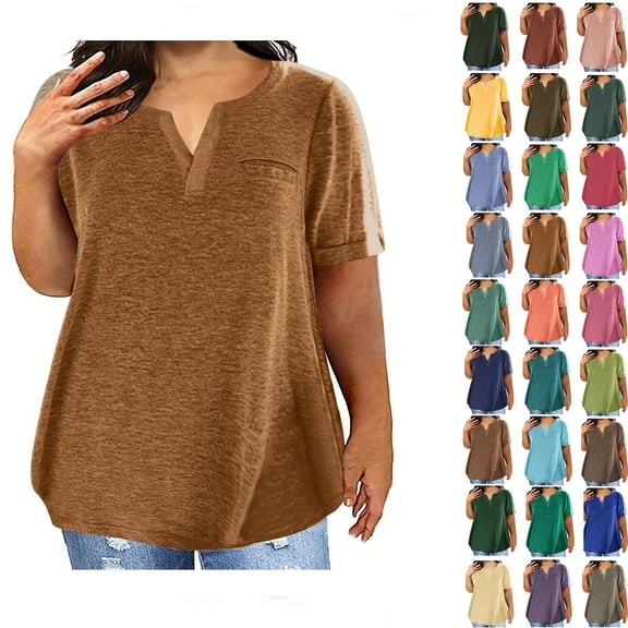 Fashion Plus Size Tops for Womens Summer V-Neck Blouse Lace Solid Color Casual Loose Short Sleeve Blouse
