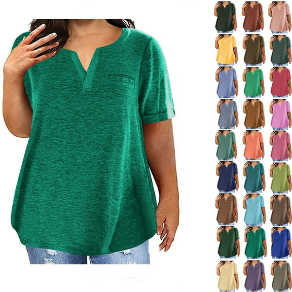 Fashion Plus Size Tops for Womens Summer V-Neck Blouse Solid Color Casual Loose Short Sleeve Blouse