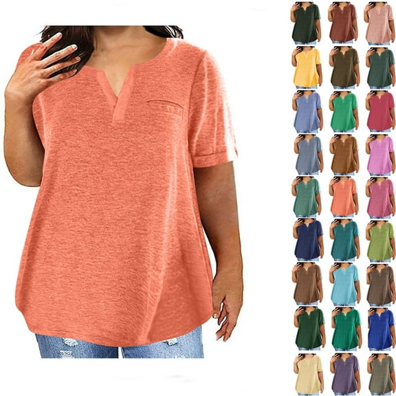 Fashion Plus Size Tops for Womens Summer V-Neck Blouse Solid Color Casual Loose Short Sleeve Blouse