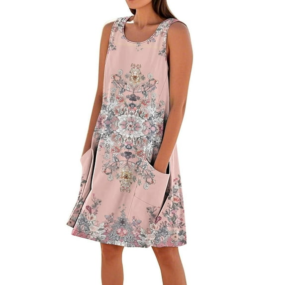 Fashion Plus Size Womens Summer Dresses Solid Color Casual Sleeveless Linen Loose Fitting Dress Spring Round Neck Dress with Pockets