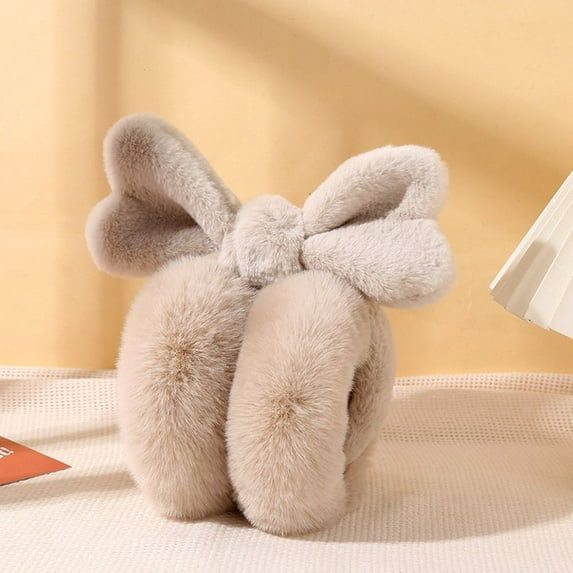 Fashion Plush Bowknot Warm Earmuffs Soft Outdoor Winter Ear Warmers Furry Ear Covers for Women (Beige)