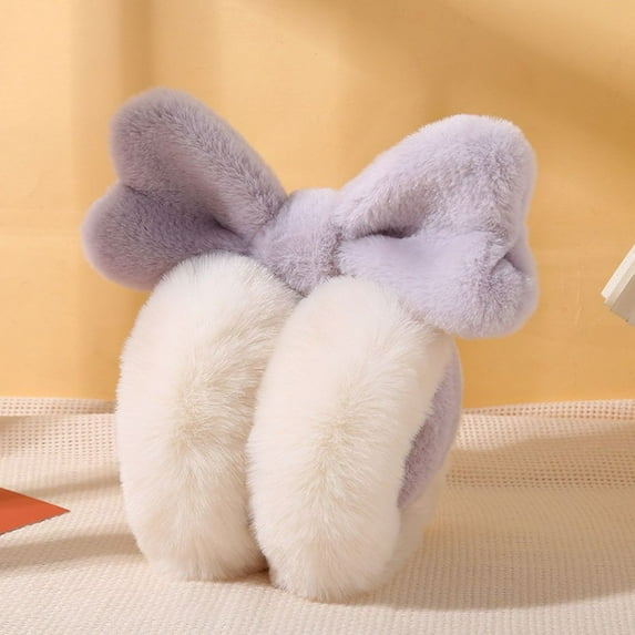 Fashion Plush Bowknot Warm Earmuffs Soft Outdoor Winter Ear Warmers Furry Ear Covers for Women (White)