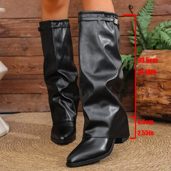 Fashion Pointed Toe Mid Calf Boots With Buckle Detail Comfortable Knee High Boots For Fall And Winter Seasons