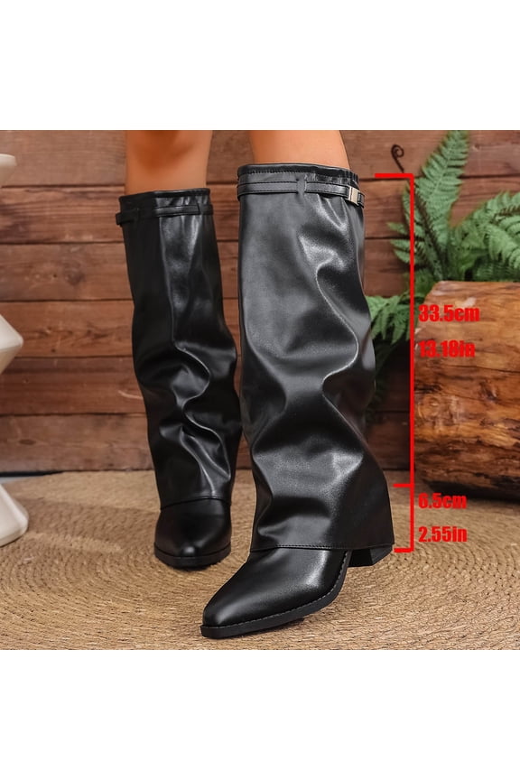 Fashion Pointed Toe Mid Calf Boots With Buckle Detail Comfortable Knee High Boots For Fall And Winter Seasons