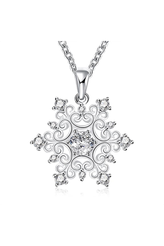 Fashion Popular Brass Cable Chain Snowflake Cubic Zirconia Pendant Necklace Christmas Jewelry Silver Color Plated 18 inch(45.7cm)