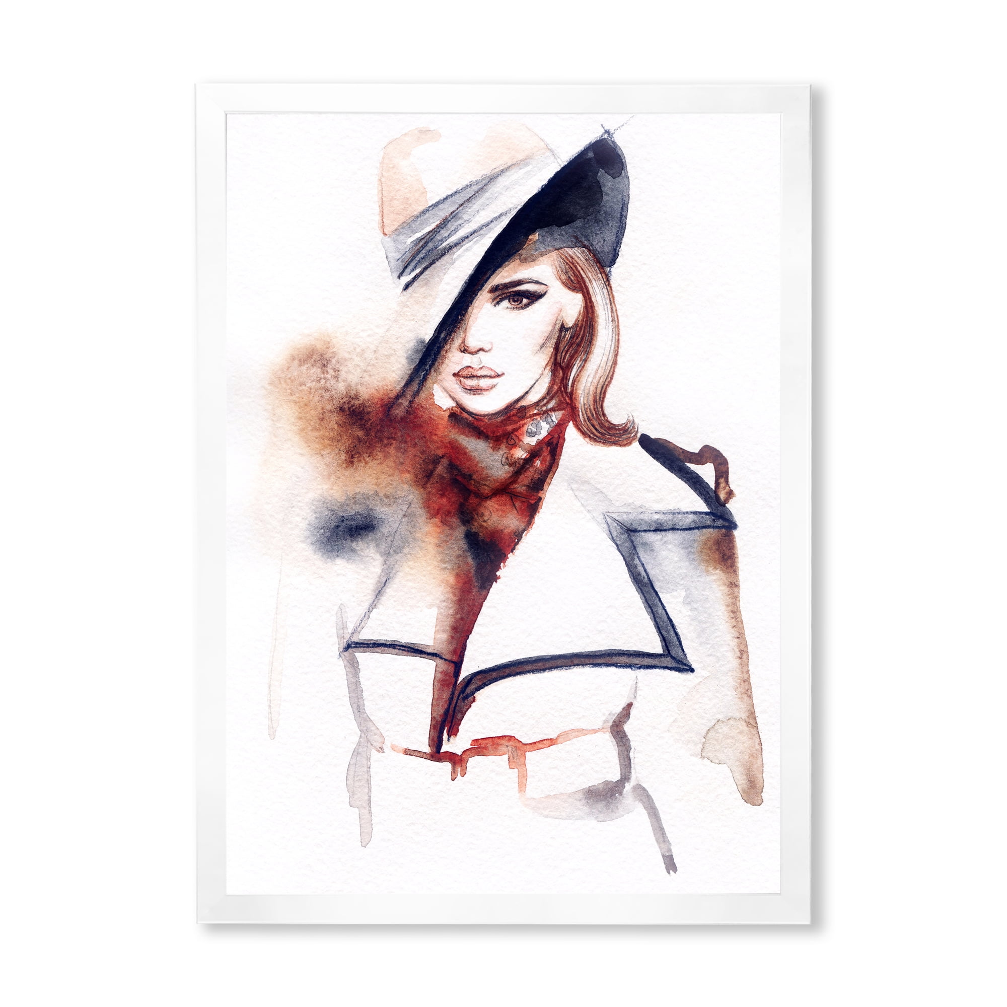 Fashion Portrait of Woman Wearing Hat 16 in x 32 in Framed Painting Canvas Art Print, by Designart