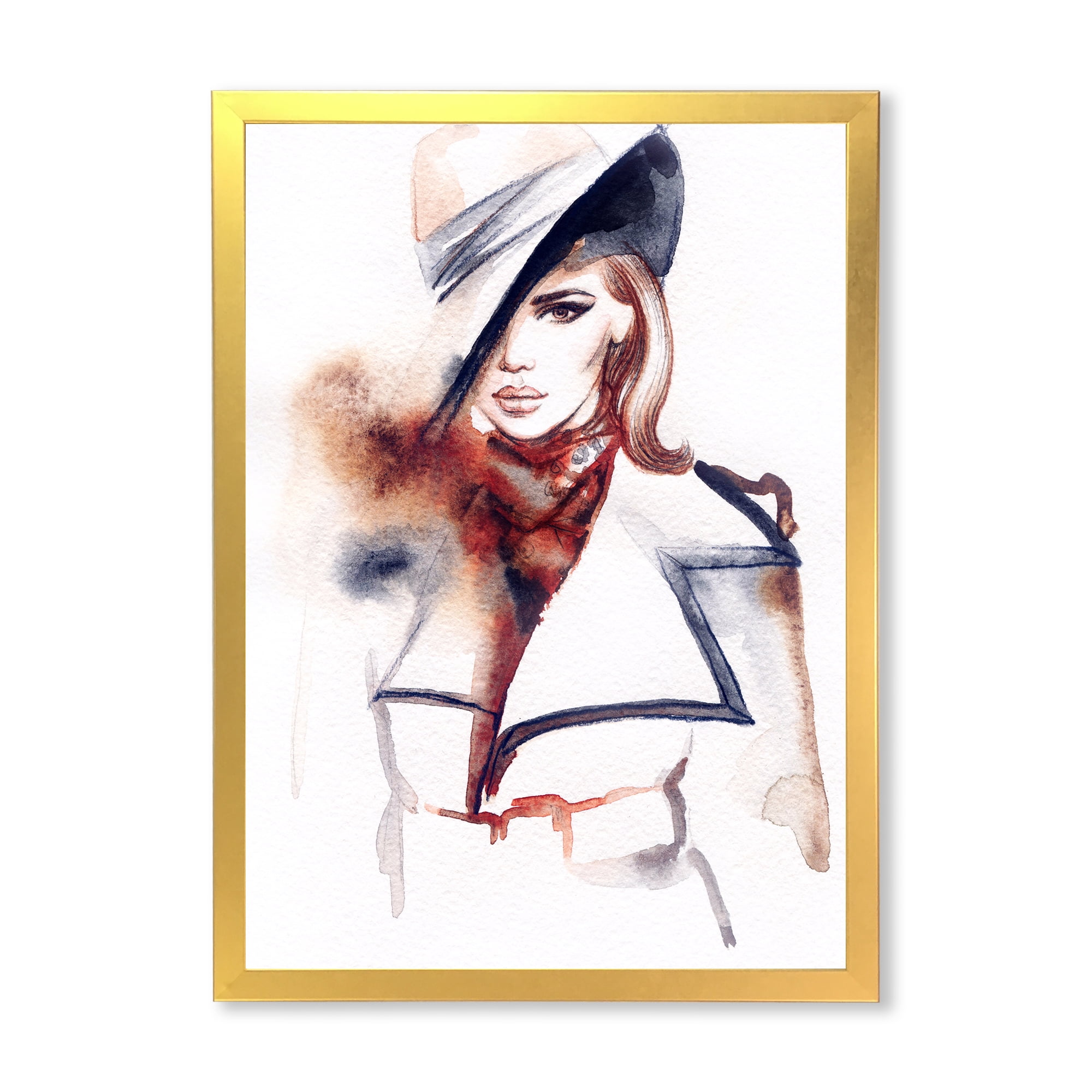 Fashion Portrait of Woman Wearing Hat 20 in x 20 in Framed Painting Canvas Art Print, by Designart