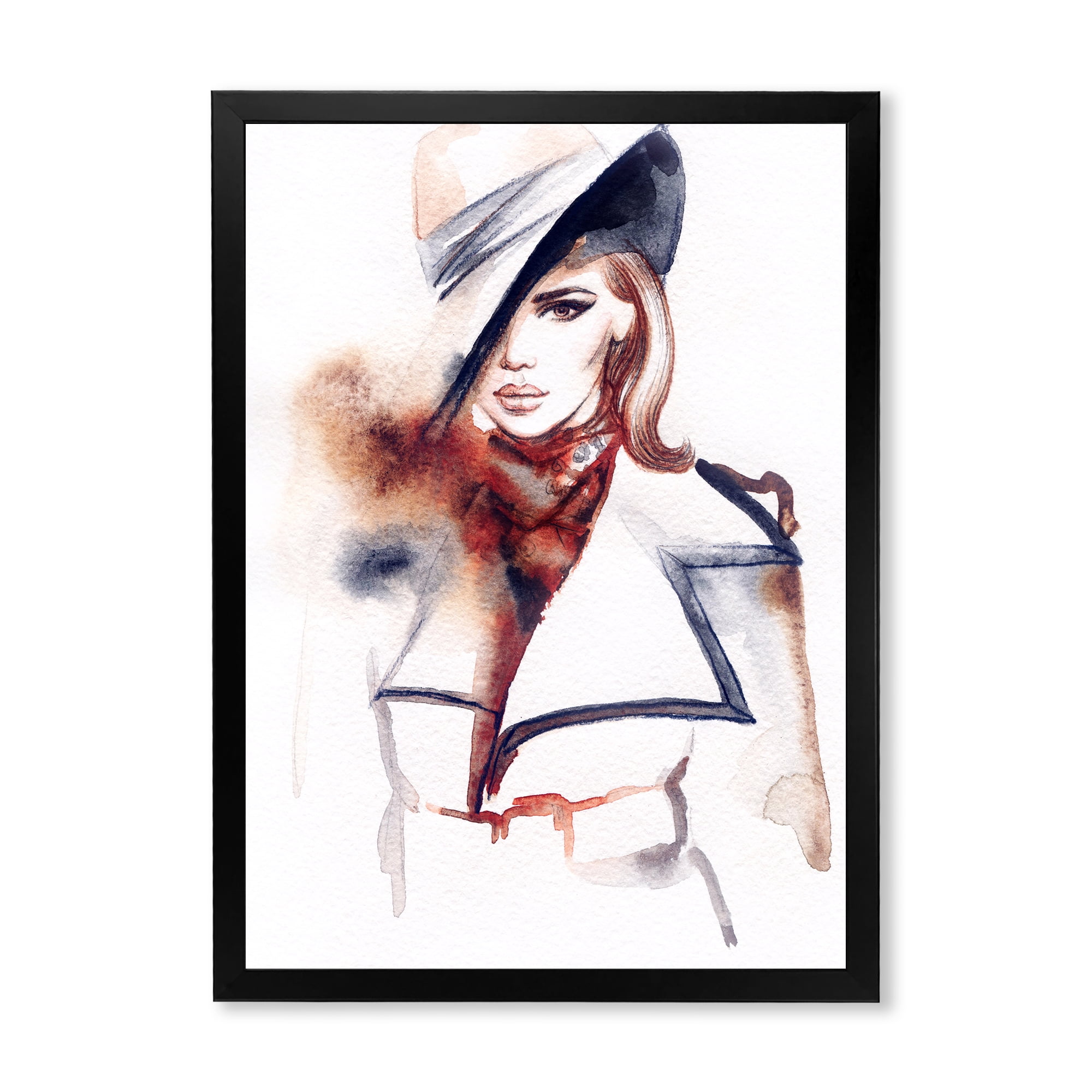 Fashion Portrait of Woman Wearing Hat 30 in x 40 in Framed Painting Canvas Art Print, by Designart