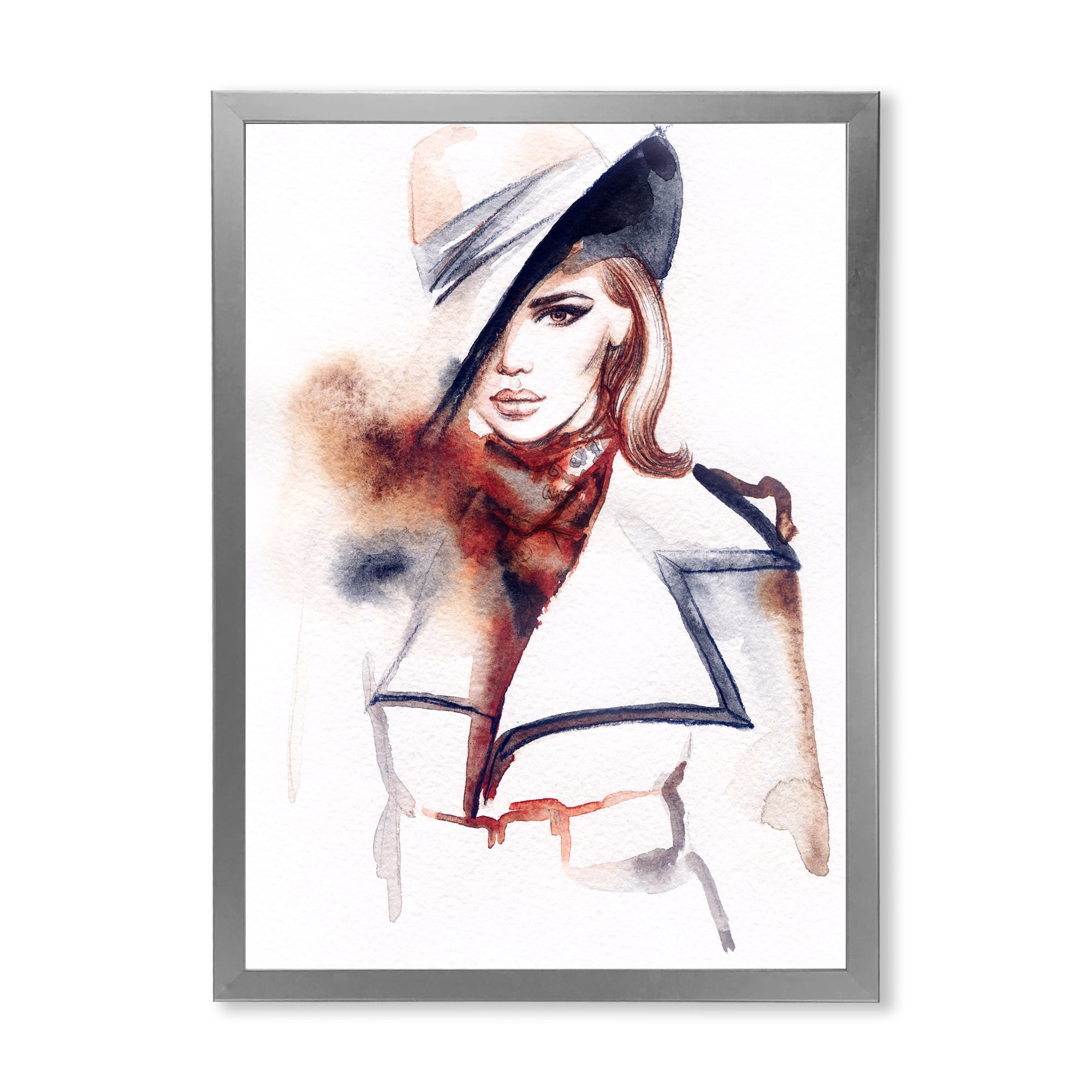 Fashion Portrait of Woman Wearing Hat 30 in x 40 in Framed Painting Canvas Art Print, by Designart