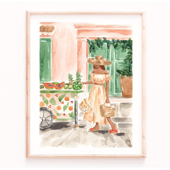 Fashion Poster Woman at Fruit Stand, Summer Market Poster Art Print Home Decor, Unframed Poster Size 24x36 F03.1.20l391