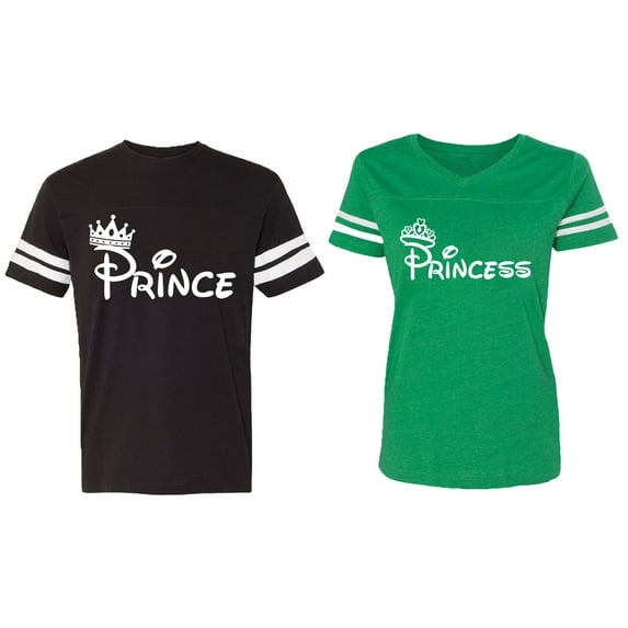 Fashion Prince Princess Matching Couple Cotton Jerseys (Men Black / Women Green) (Men XXL / Women XL)