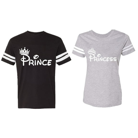 Fashion Prince Princess Matching Couple Cotton Jerseys (Men Black / Women Heather) (Men XL / Women XL)
