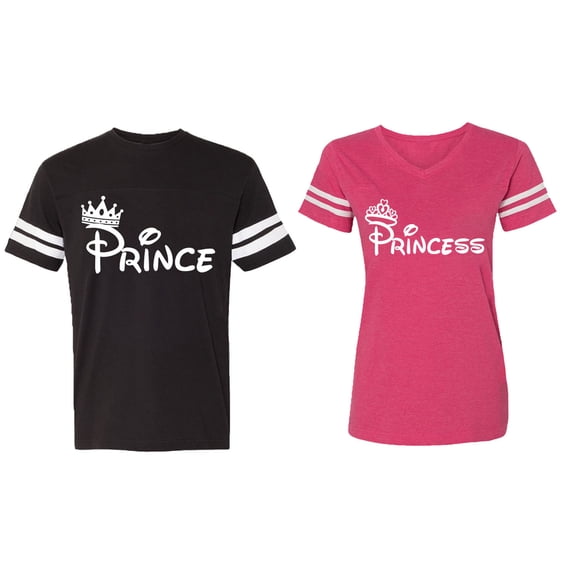 Fashion Prince Princess Matching Couple Cotton Jerseys (Men Black / Women Pink) (Men S / Women XXL)