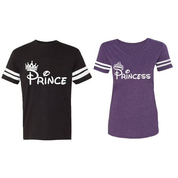 Fashion Prince Princess Matching Couple Cotton Jerseys (Men Black / Women Purple) (Men XXL / Women L)