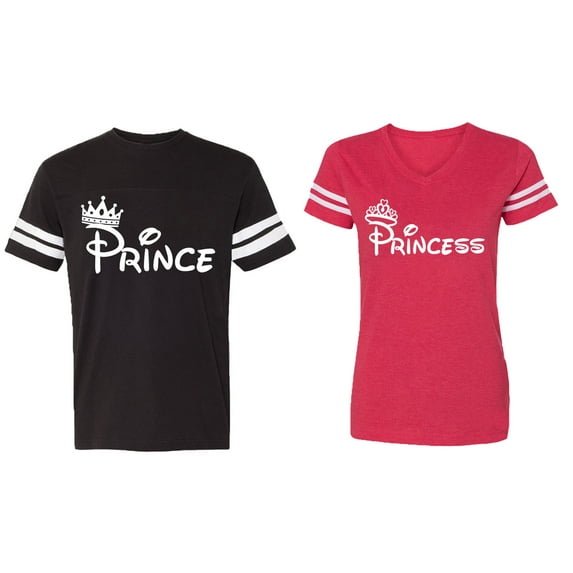Fashion Prince Princess Matching Couple Cotton Jerseys (Men Black / Women Red) (Men M / Women M)