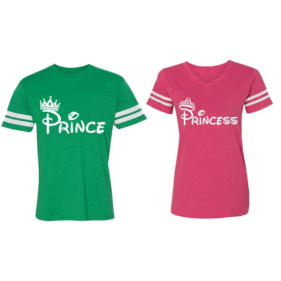 Fashion Prince Princess Matching Couple Cotton Jerseys (Men Green / Women Pink) (Men XL / Women L)