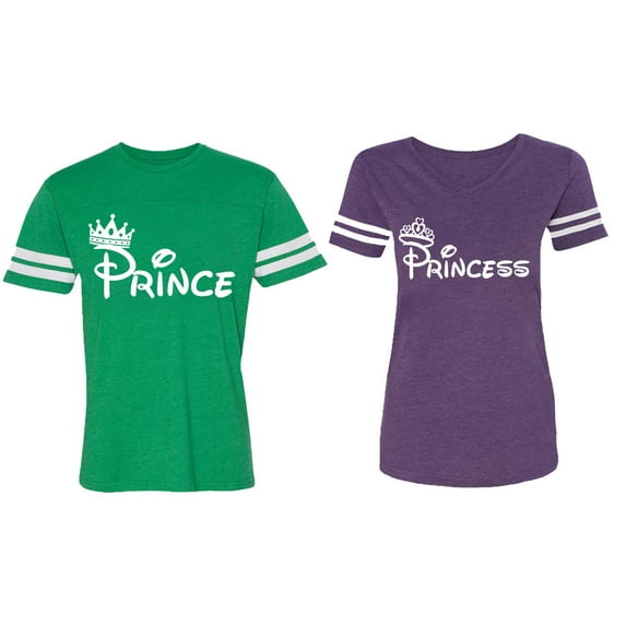 Fashion Prince Princess Matching Couple Cotton Jerseys (Men Green / Women Purple) (Men L / Women L)