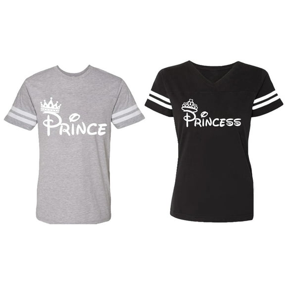 Fashion Prince Princess Matching Couple Cotton Jerseys (Men Heather / Women Black) (Men S / Women S)