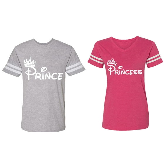 Fashion Prince Princess Matching Couple Cotton Jerseys (Men Heather / Women Pink) (Men L / Women M)