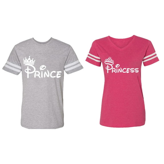 Fashion Prince Princess Matching Couple Cotton Jerseys (Men Heather / Women Pink) (Men XL / Women M)
