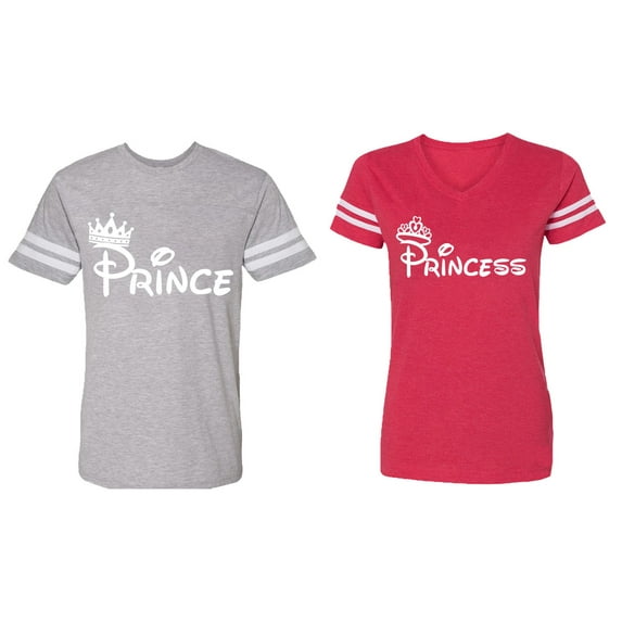 Fashion Prince Princess Matching Couple Cotton Jerseys (Men Heather / Women Red) (Men XL / Women XL)