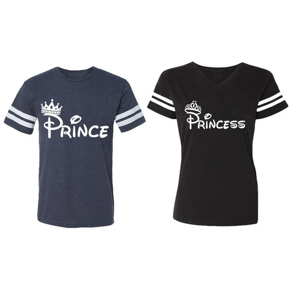 Fashion Prince Princess Matching Couple Cotton Jerseys (Men Navy / Women Black) (Men S / Women M)