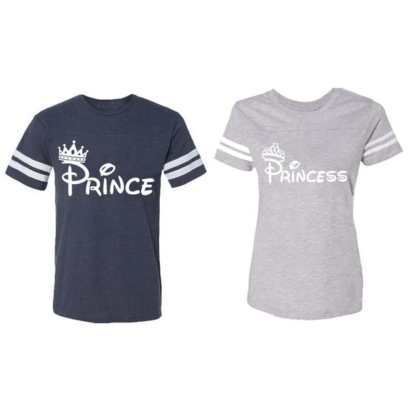 Fashion Prince Princess Matching Couple Cotton Jerseys (Men Navy / Women Heather) (Men S / Women M)