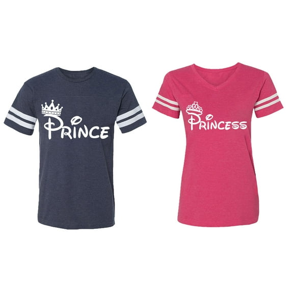 Fashion Prince Princess Matching Couple Cotton Jerseys (Men Navy / Women Pink) (Men S / Women XXL)