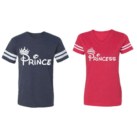 Fashion Prince Princess Matching Couple Cotton Jerseys (Men Navy / Women Red) (Men M / Women L)
