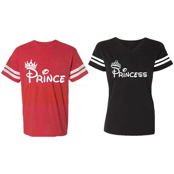 Fashion Prince Princess Matching Couple Cotton Jerseys (Men Red / Women Black) (Men XXL / Women XL)
