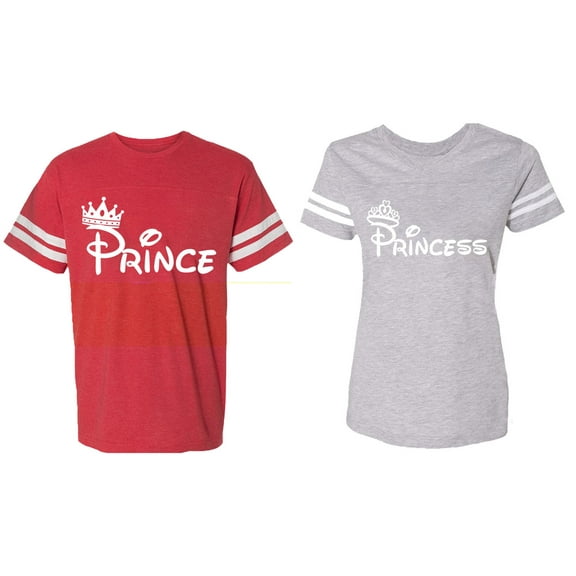 Fashion Prince Princess Matching Couple Cotton Jerseys (Men Red / Women Heather) (Men L / Women L)