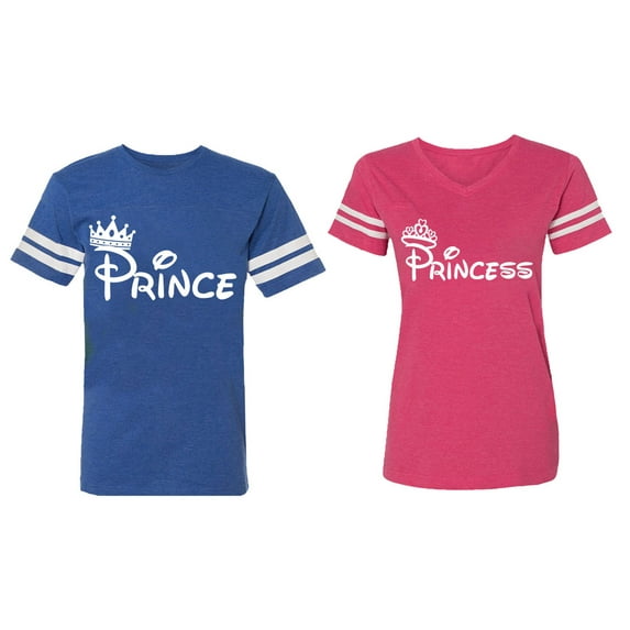 Fashion Prince Princess Matching Couple Cotton Jerseys (Men Royal / Women Pink) (Men S / Women XXL)