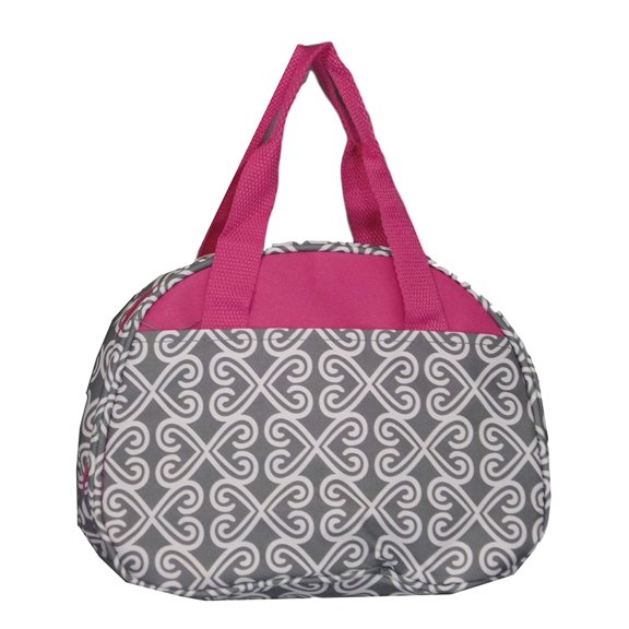 Fashion Print Insulated Water Resistant Round Small Lunch Cooler or Cosmetic Tote Bag Grey Twist with Pink Trim