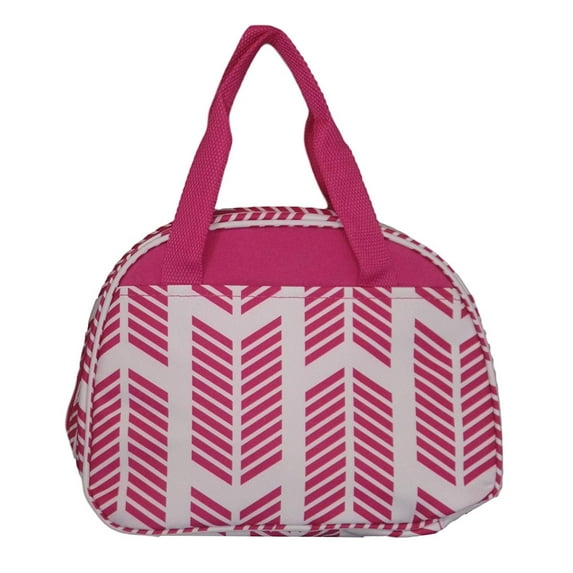 Fashion Print Insulated Water Resistant Round Small Lunch Cooler or Cosmetic Tote Bag Pink Arrow