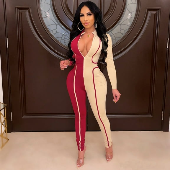 Fashion Printed Clubwear Zipper Skinny Jumpsuit (M, MultiRed)