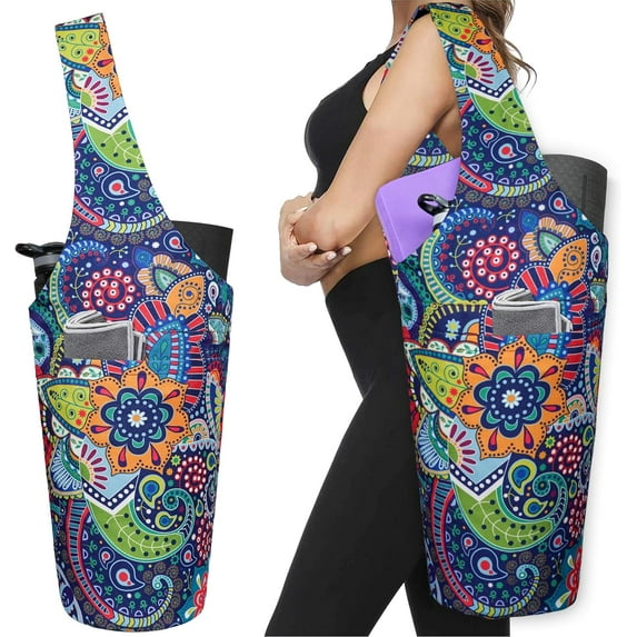 Fashion Printed Yoga Mat Bag with Large Side Pocket & Zipper Pocket Long Tote Yoga Bag Fit Most Size Mats - Holds More Yoga Accessories