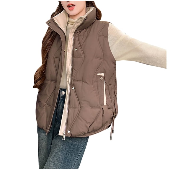 Fashion Puffy Jacket Vest Womens Stand Collar Quilted Sleeveless Gilet Vests Full Zipper Winter Warm Coats Coffee, 2XL