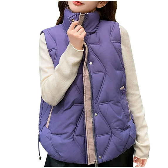 Fashion Puffy Jacket Vest Womens Stand Collar Quilted Sleeveless Gilet Vests Full Zipper Winter Warm Coats Purple, XL