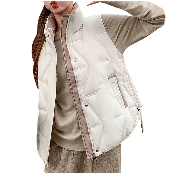 Fashion Puffy Jacket Vest Womens Stand Collar Quilted Sleeveless Gilet Vests Full Zipper Winter Warm Coats White, L