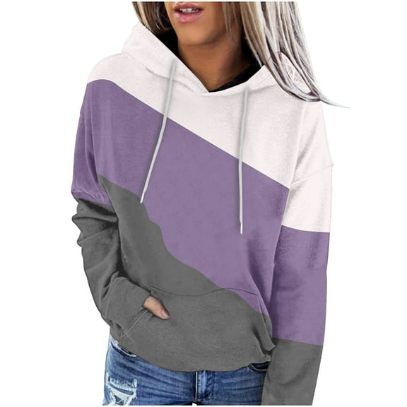 Fashion Pullover Hoodies for Women Trendy Plus Size Casual Solid Color-Matching Long-Sleeved Pocket Hoodie