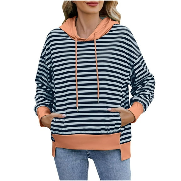 Fashion Pullover Hoodies for Women Trendy Plus Size Solid Color Long Sleeve Hooded Striped Pullover Casual