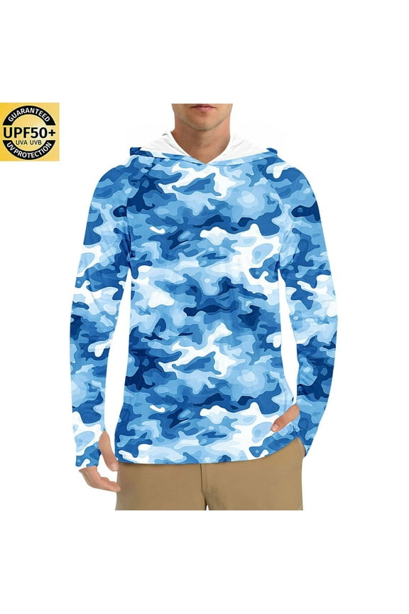 Fashion Pullover for Men UV Sun Protection Camo Print Long Sleeve Shirt Summer Casual Beach Vacation Slim Fit Tops Sky Blue XL