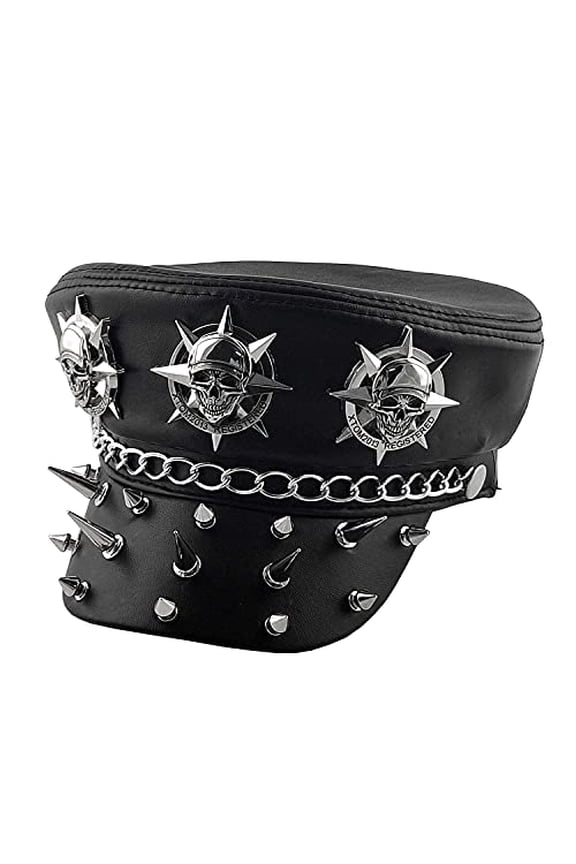 Fashion Punk Hats Real Leather Biker Cap Causal Steampunk Rivet Hat