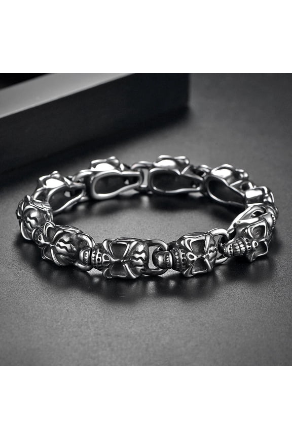 Fashion Punk Skull Head Men's 14K White Gold Bracelet Vintage Rock Motorcycle Bracelet Jewelry