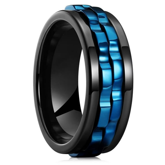 Fashion Punk Style Gear Rotating Fidget Ring Stainless Steel Chain Spinner Rings for Women Rock Biker Party Jewelry,Black & Blue10