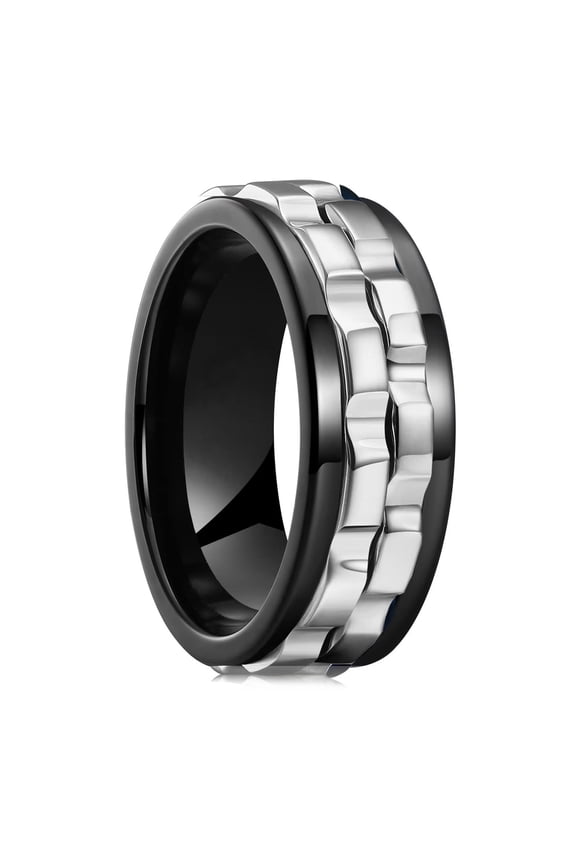 Fashion Punk Style Gear Rotating Fidget Ring Stainless Steel Chain Spinner Rings for Women Rock Biker Party Jewelry,Black & Silvery12