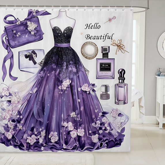 Fashion Purple Shower Curtain Dress Bath Curtain Romantic Makeup Themed Bathroom Decor Floral Perfume Print Waterproof Curtain Modern Fashion Purple Dress Curtain,72"Wx84"L