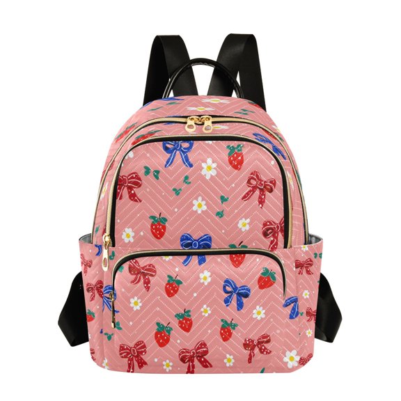 Fashion Quilted Backpack for Women Lightweight Travel Daypack Casual Bag for Shopping Travel Bows and Strawberries Pattern M