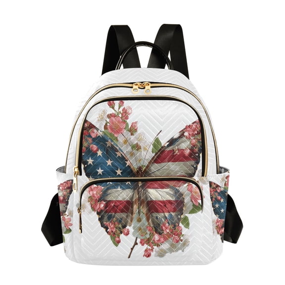 Fashion Quilted Backpack for Women Lightweight Travel Daypack Casual Bag for Shopping Travel Butterfly with Flag Pattern S