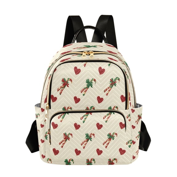 Fashion Quilted Backpack for Women Lightweight Travel Daypack Casual Bag for Shopping Travel Candy Cane-shaped Ribbons and Hearts S